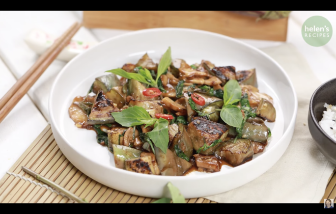 Stir-fried Eggplant with Mushrooms and Basils - Cà Tím Xào Nấm Lá Húng Quế